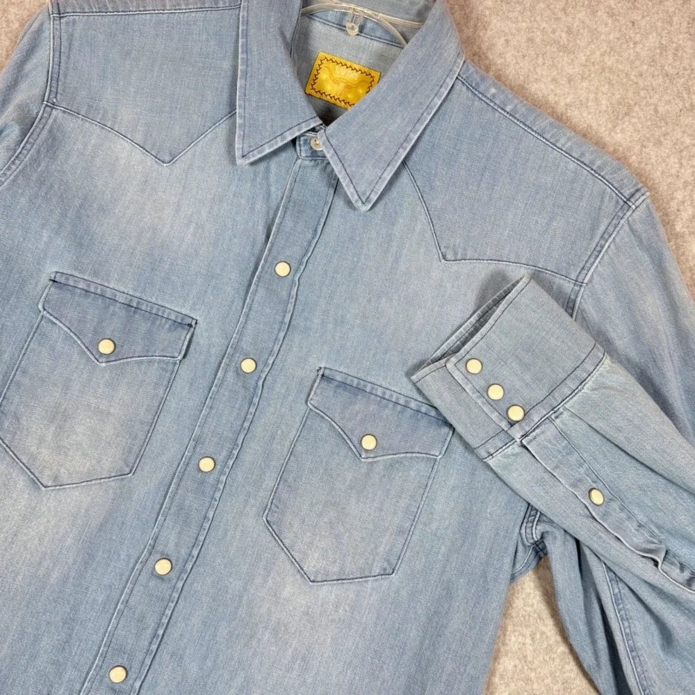 Wythe Western Washed Indigo Denim Long Sleeve Pearl Snap Large Mens L